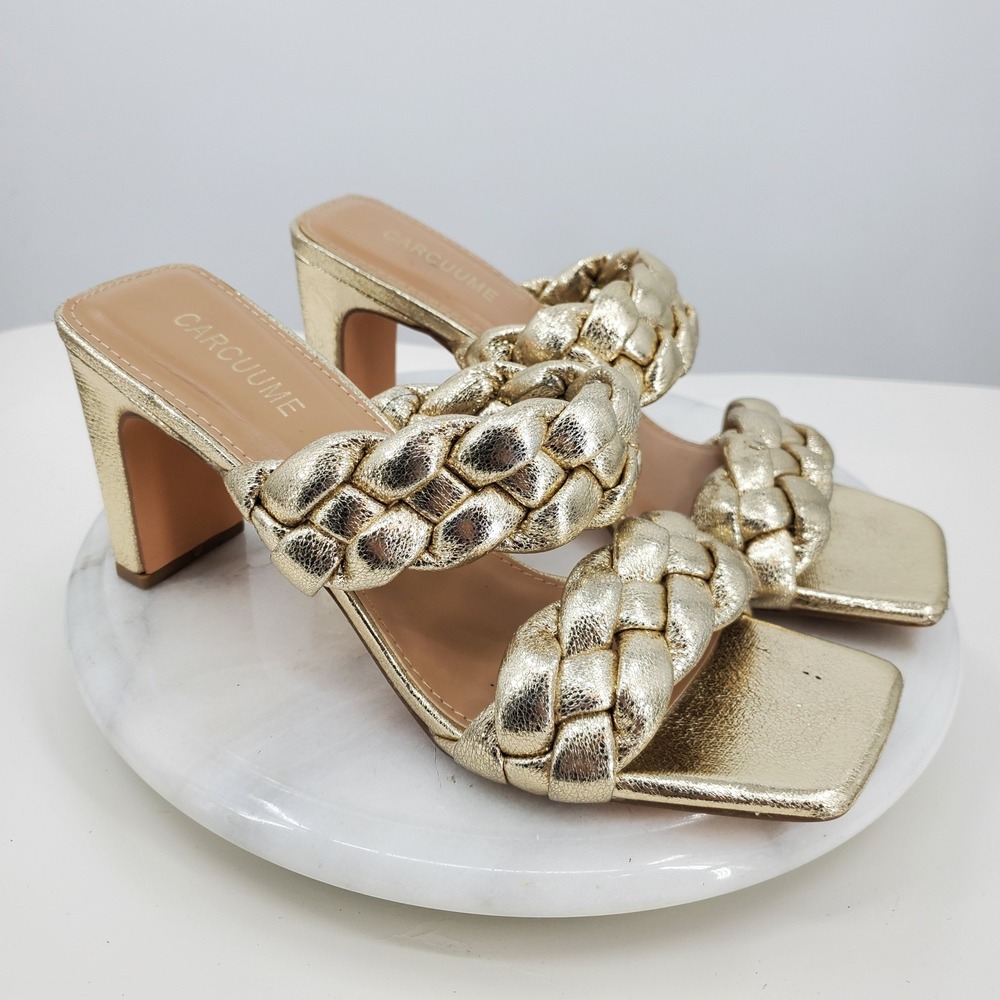 CARCUUME Gold Metallic Braided Square Toe Block Heel Mules 8.5 Wedding Slip On